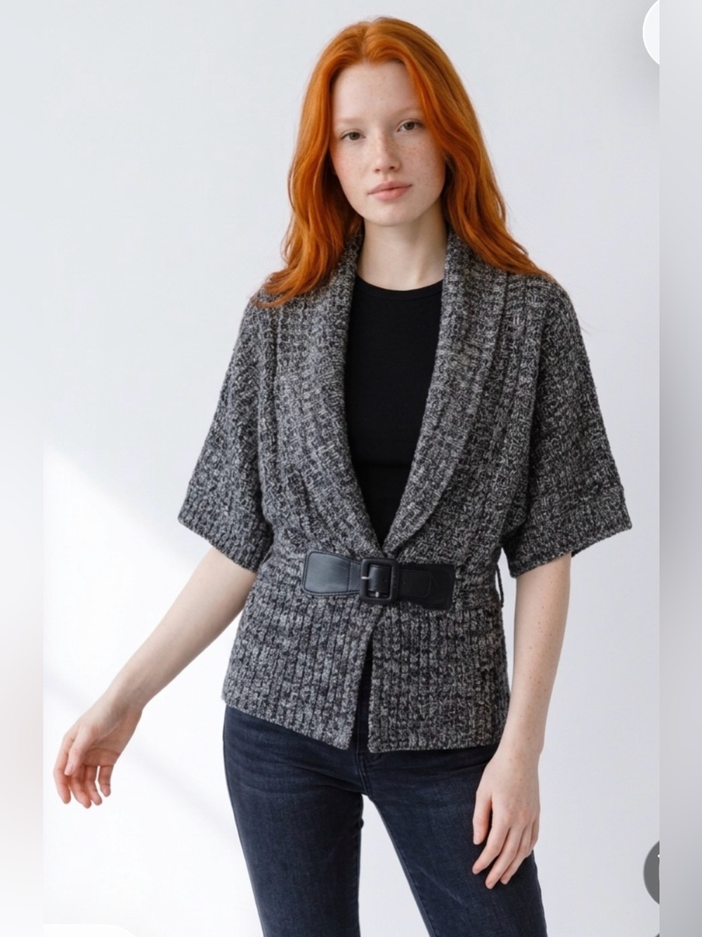 Vintage United States Sweaters Marled Gray Shawl Belted Cardigan - M